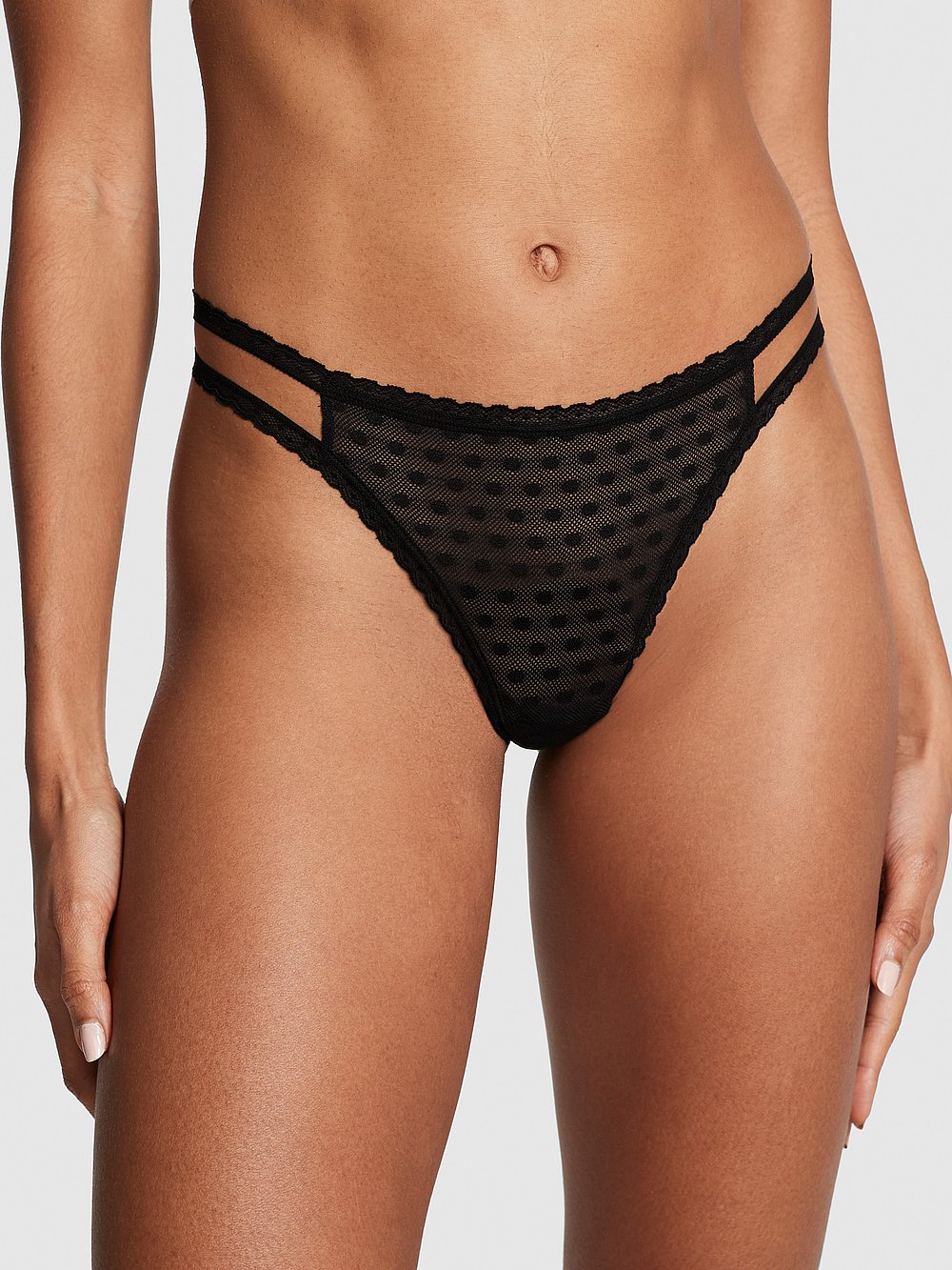 Wink Strappy Thong Panty (Dainty Dot Lace | Pure Black)