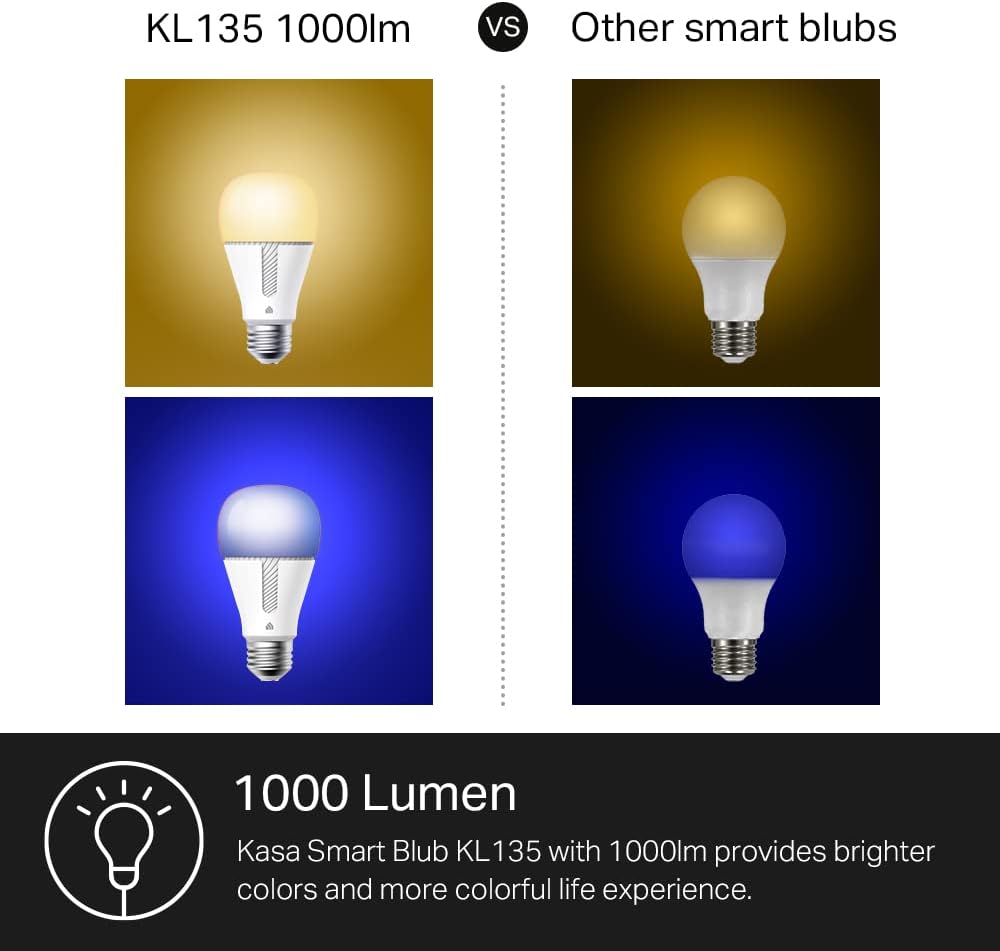 Kasa Smart Light Bulbs, 1000 Lumens High Brightness, 16M Color Changing, Dimmable Smart WiFi Light Bulb, Compatible with Alexa and Google Home, A19, 2.4GHz Wi-Fi only, No Hub Required, KL135(4-Pack)