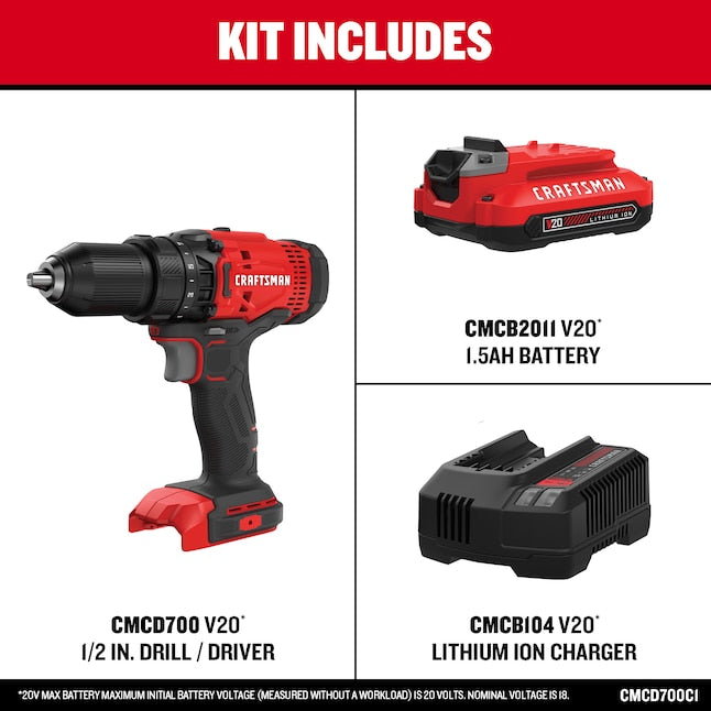 CRAFTSMAN V20 20-volt Max 1/2-in Keyless Cordless Drill (1-Battery Included, Charger Included)