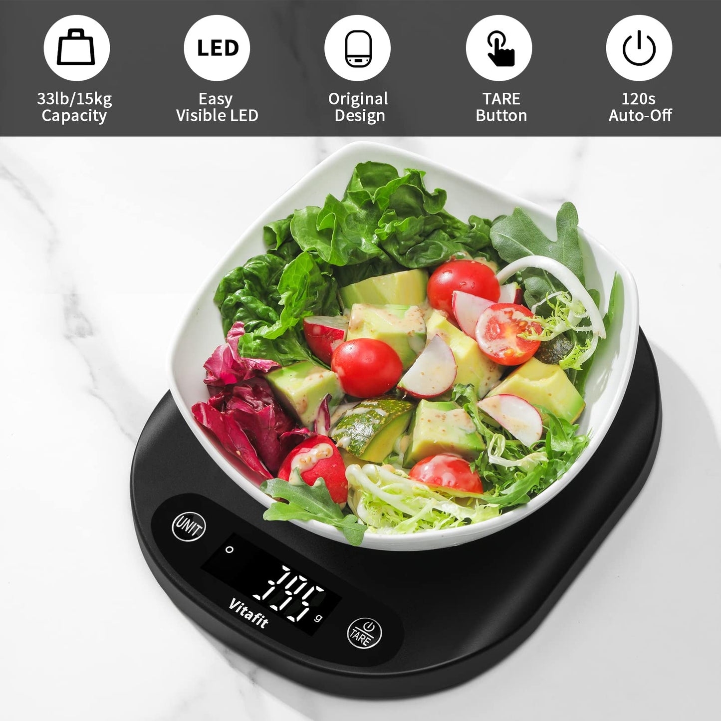 Vitafit Bascula de cocina de alimentos de 33 libras, pesando profesional desde 2001, gramos digitales y onzas para cocinar hornear, baterías incluidas, negro N0028