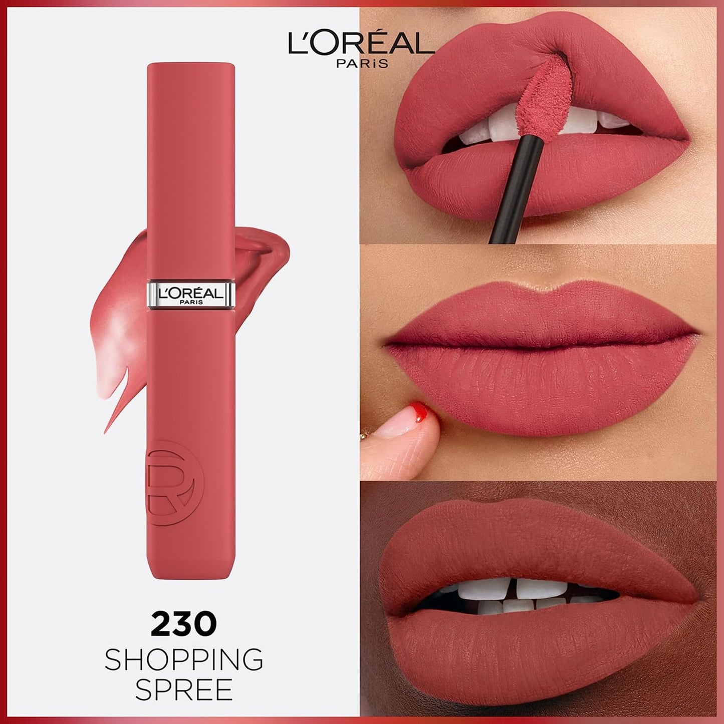 Lápiz labial líquido Infallible Matte Resistance de L'Oréal Paris, acabado mate en polvo e infundido con ácido hialurónico, 230 Shopping Spree