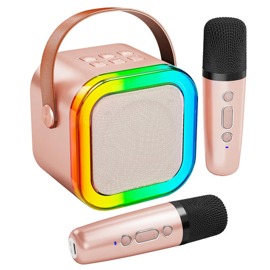 Karaoke Machine for Kids Adults, Portable Bluetooth Mini Karaoke Microphone Singing Speaker with 2 Wireless Mic and Light,Toys for All Smartphones,Birthday, Family,Home Party (Rose Gold)